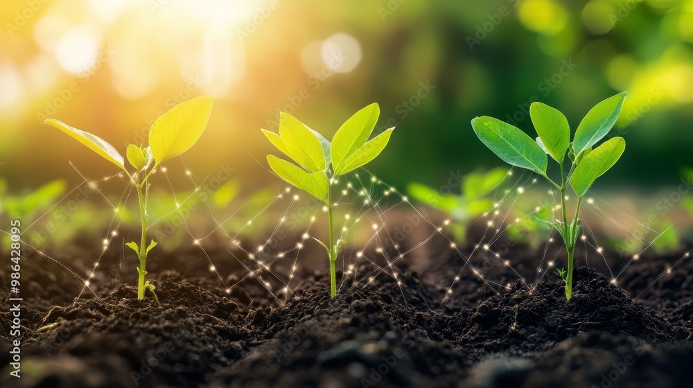 Green Sprout Plants Growing in Soil with Glowing Network Lines Green Sprout Plants Growing in Soil with Glowing Network Lines