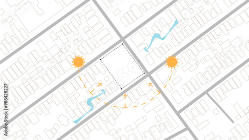 architecture site analysis symbol icon element drawing graphic flat isolated vector. architecture element line sun wind sound sun path vegetation.