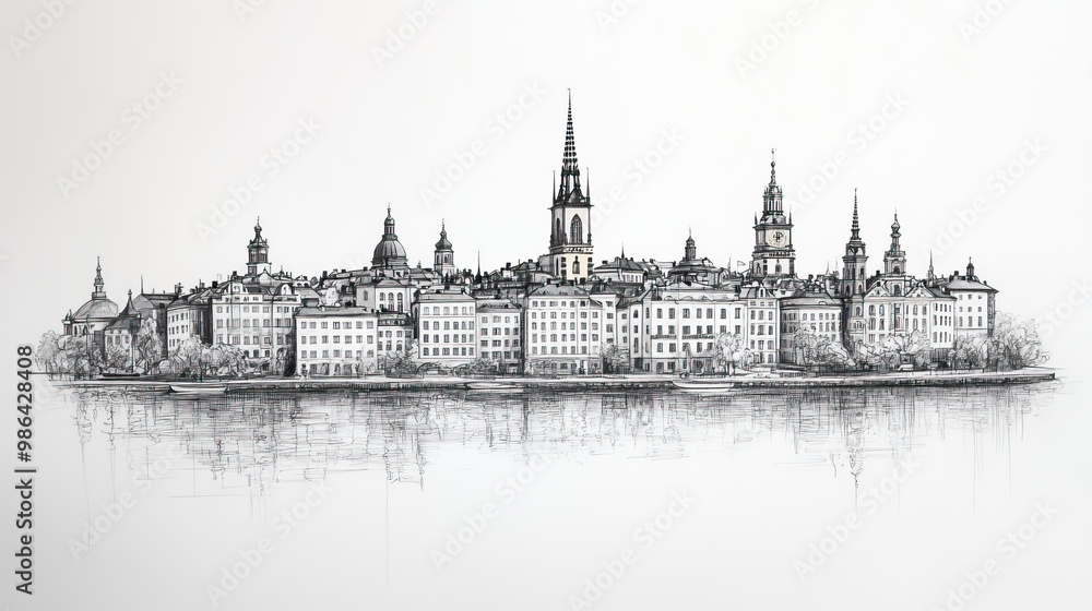 Fototapeta premium Stockholm, Sweden, black and white pen pencil hand-drawn effect drawing illustration for travel poster, card, wallpaper, backdrop or banner. Modern, clear, artistic and simple