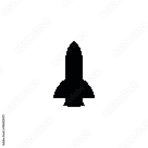 Pixel art black rocket silhouette. Minimalistic rocket icon in retro pixelated style. photo