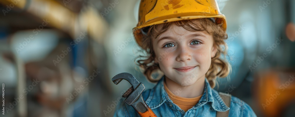 Young child in a construction outfit, smiling while holding large tools. Free copy space for text. Young child in a construction outfit, smiling while holding large tools. Free copy space for text.