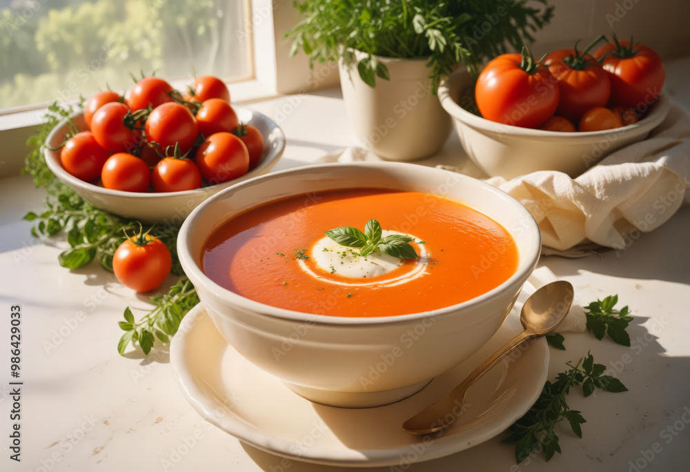 Bowl of tomato puree soup with croutons and herbs Bowl of tomato puree soup with croutons and herbs