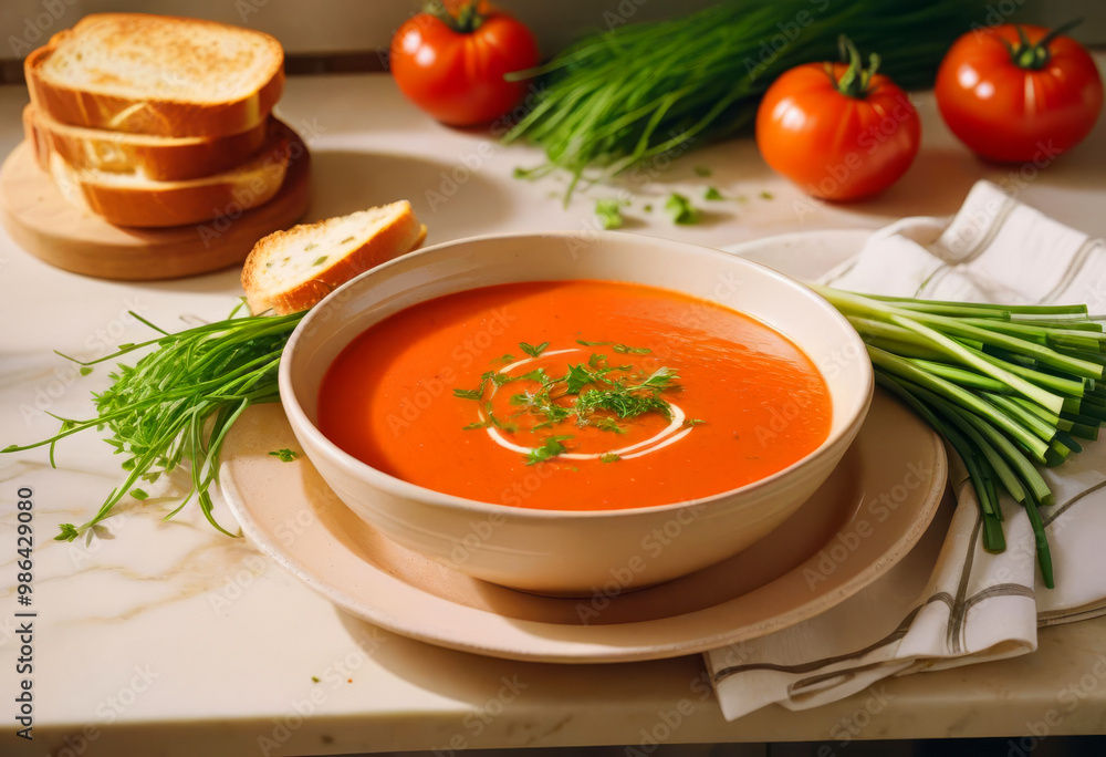 Bowl of tomato puree soup with croutons and herbs Bowl of tomato puree soup with croutons and herbs