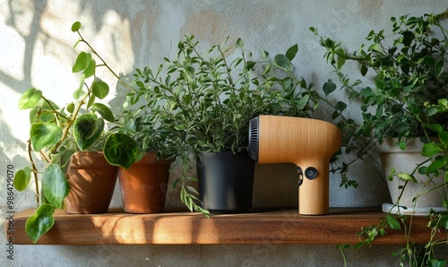 Wooden shelf with plants and a hairdryer.