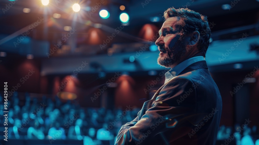 Portrait of Inspirational Innovative Speaker, Talking about Happiness, Self, Success, Empowerment, Efficiency and How to Be More Productive Self. Large Conference Hall with Cinematographic Light. Portrait of Inspirational Innovative Speaker, Talking about Happiness, Self, Success, Empowerment, Efficiency and How to Be More Productive Self. Large Conference Hall with Cinematographic Light.