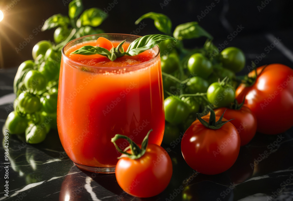 Tomato juice in clear glass goblets with sprigs of herbs Tomato juice in clear glass goblets with sprigs of herbs