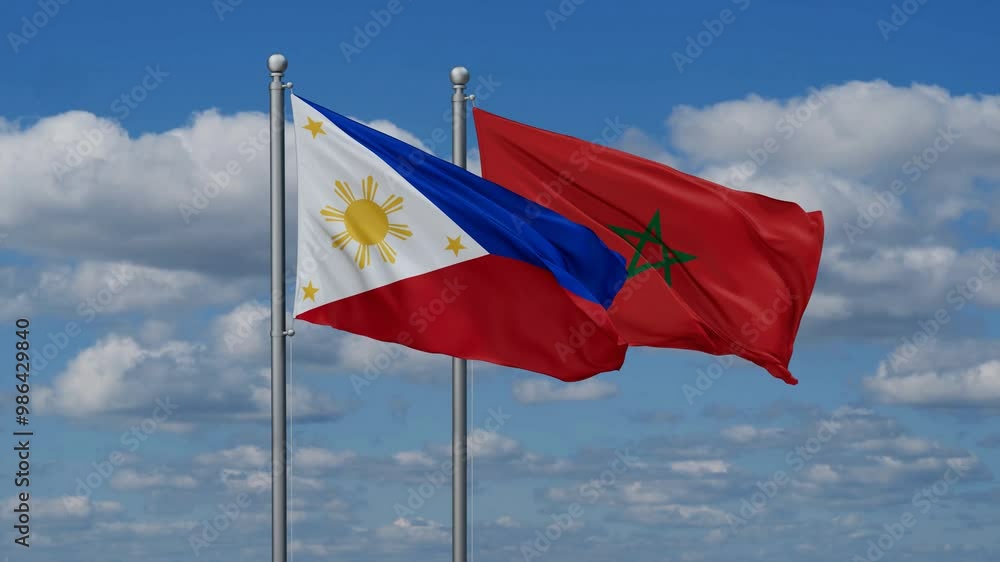 Morocco and Philippines flags flying together, video concept of the relationship, two country relations concept Morocco and Philippines flags flying together, video concept of the relationship, two country relations concept