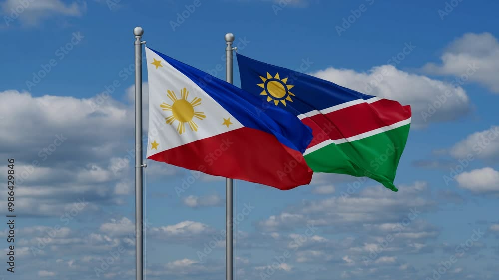 Philippines and Namibia flags flying together, video concept of the relationship, two country relations concept Philippines and Namibia flags flying together, video concept of the relationship, two country relations concept