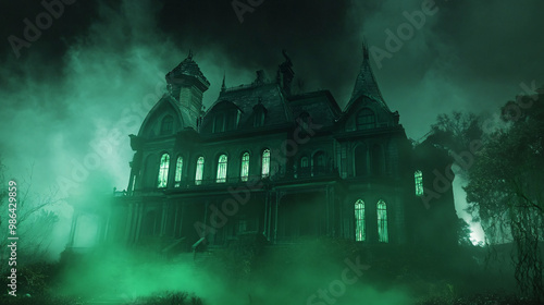 Haunted mansion with eerie green mist surrounding it