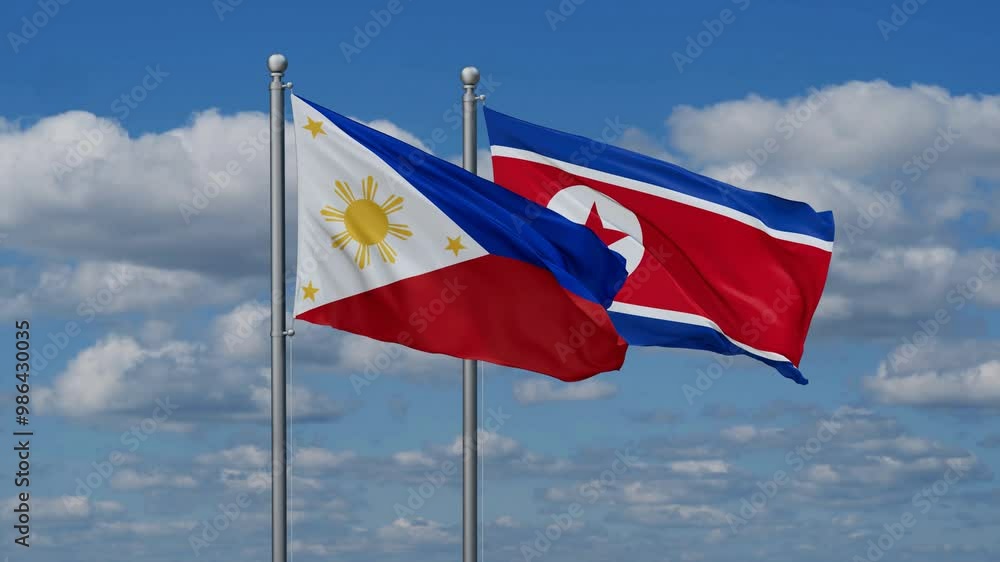 North Korea and Philippines flags flying together, video concept of the relationship North Korea and Philippines flags flying together, video concept of the relationship