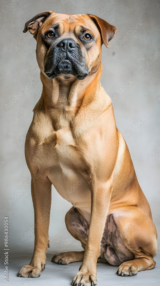 Obraz premium A Tosa dog in a sitting position, with a serene demeanor, isolated on a smooth light colored backdrop