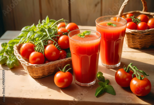 Tomato juice in clear glass goblets with sprigs of herbs