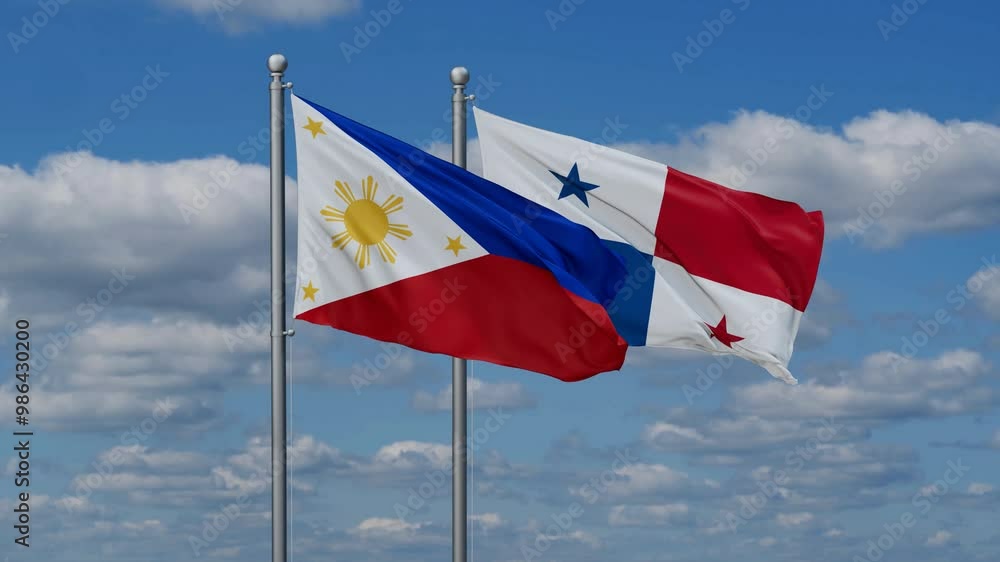 Panama and Philippines flags flying together, video concept of the relationship, two country relations concept Panama and Philippines flags flying together, video concept of the relationship, two country relations concept