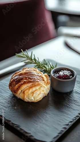 Delicious Pogacsa Pastry with Jam on Slate Serving Tray. photo