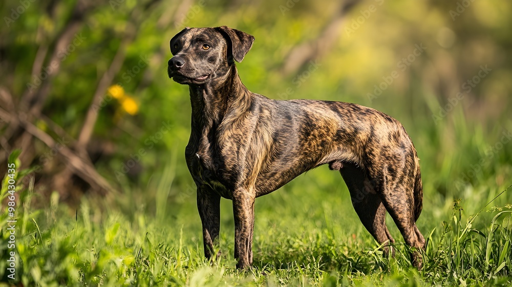A Treeing Tennessee Brindle dog standing proudly in a lush green field, showcasing its distinctive coat patterns and alert expression A Treeing Tennessee Brindle dog standing proudly in a lush green field, showcasing its distinctive coat patterns and alert expression