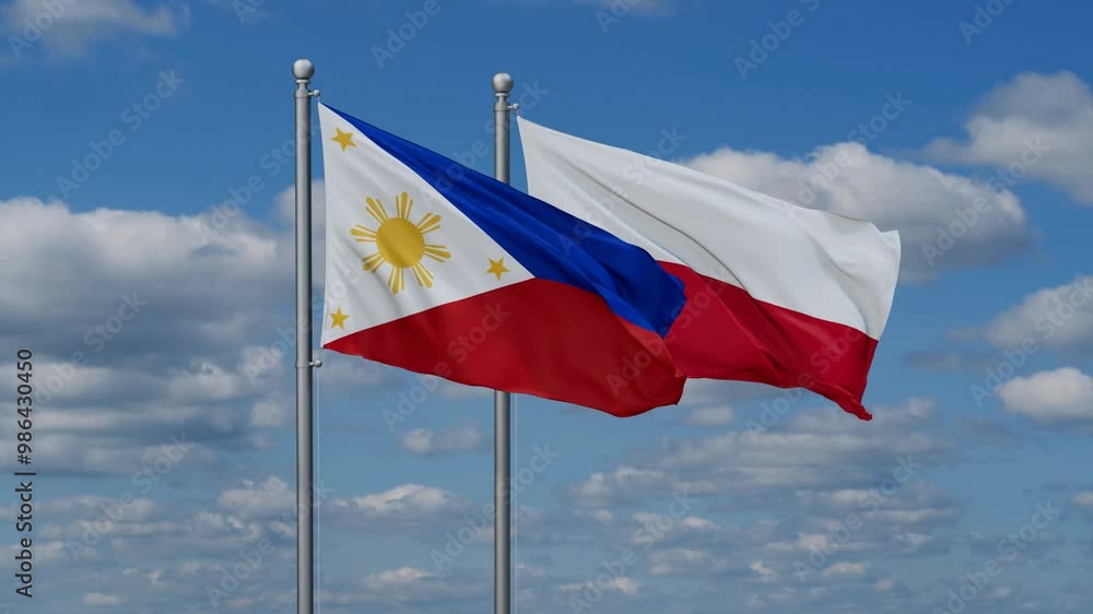 Poland and Philippines flags flying together, video concept of the relationship, two country cooperation concept Poland and Philippines flags flying together, video concept of the relationship, two country cooperation concept