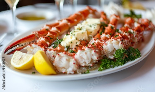 King crab legs with butter and lemon wedges.