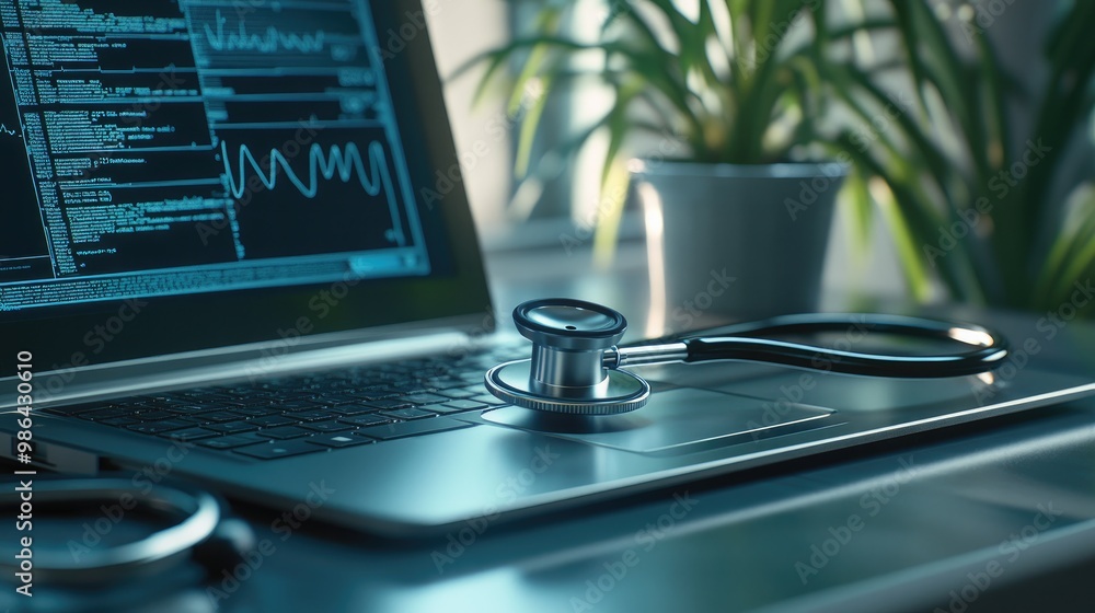 Stethoscope placed on laptop, indicating the need to visit the doctor. Stethoscope placed on laptop, indicating the need to visit the doctor.