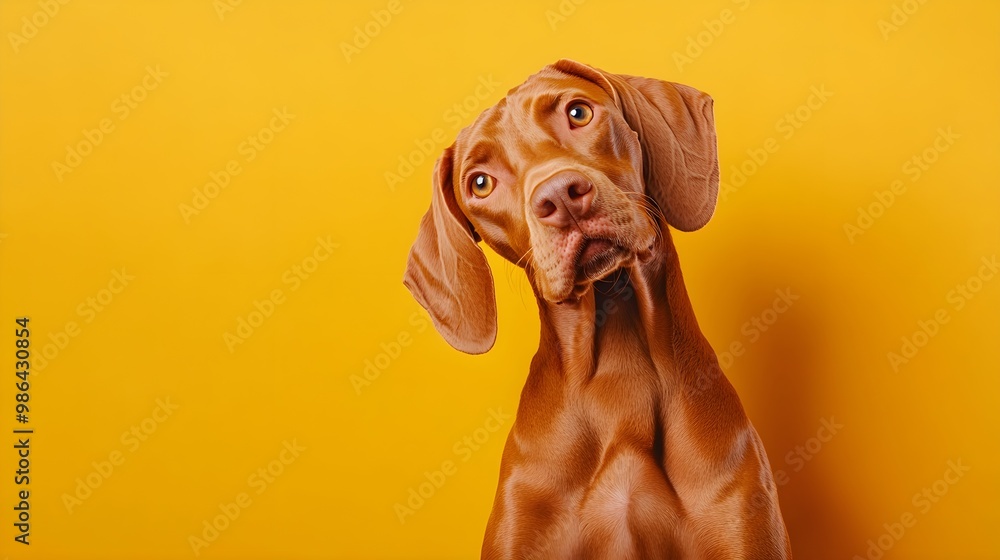 A Vizsla dog in a playful pose, with a bright expression and a focused gaze, surrounded by ample copy space A Vizsla dog in a playful pose, with a bright expression and a focused gaze, surrounded by ample copy space