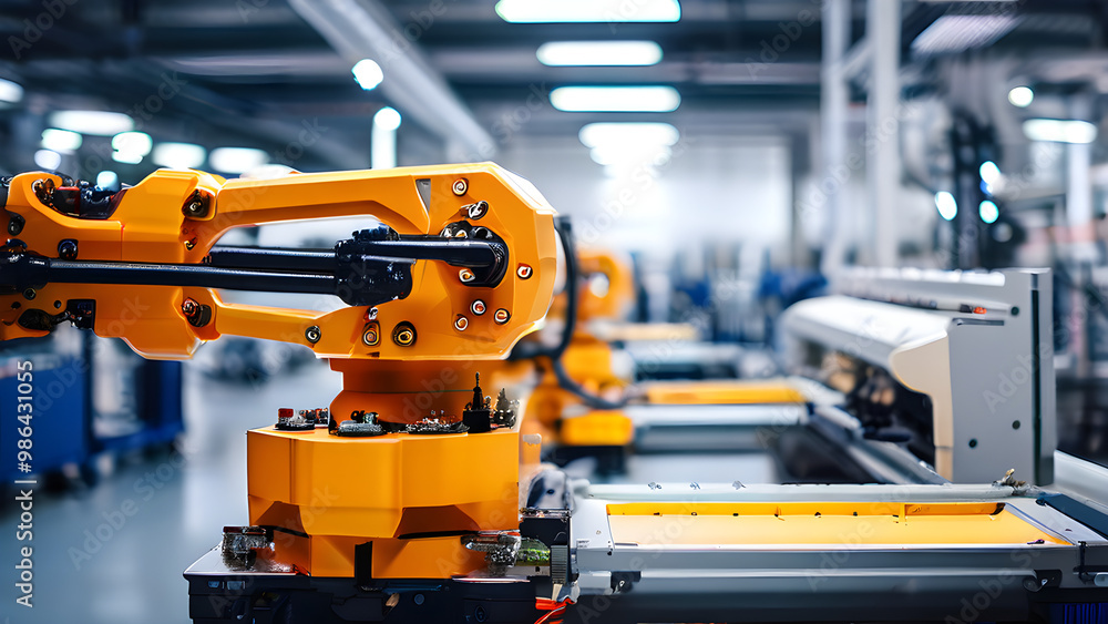 Robotic arm operates on an assembly line in a modern manufacturing facility during the day Robotic arm operates on an assembly line in a modern manufacturing facility during the day