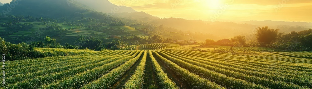 Golden Sunrise over Lush Green Terraced Rice Fields Golden Sunrise over Lush Green Terraced Rice Fields