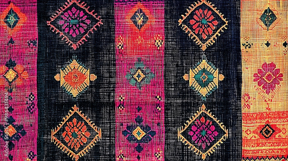 A vibrant textile featuring intricate patterns and colors, showcasing traditional craftsmanship and cultural heritage. A vibrant textile featuring intricate patterns and colors, showcasing traditional craftsmanship and cultural heritage.