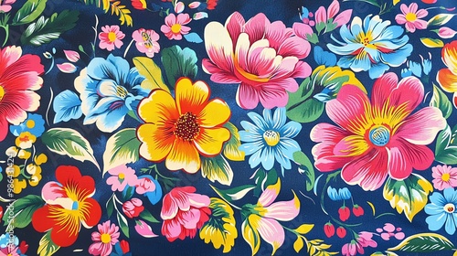 A vibrant floral pattern featuring colorful flowers on a deep blue background, perfect for textiles and home decor.