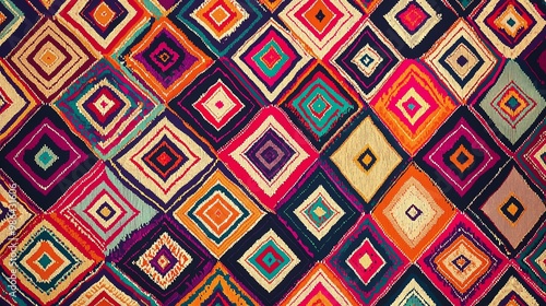 Colorful geometric pattern with intricate diamonds and vibrant hues, perfect for textile or interior design projects.