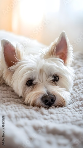 A West Highland White Terrier lying down comfortably, its coat gleaming in the soft light, with ample copy space around it photo