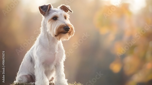 A playful Wire Fox Terrier sitting on a , showcasing its distinctive wiry coat and expressive face