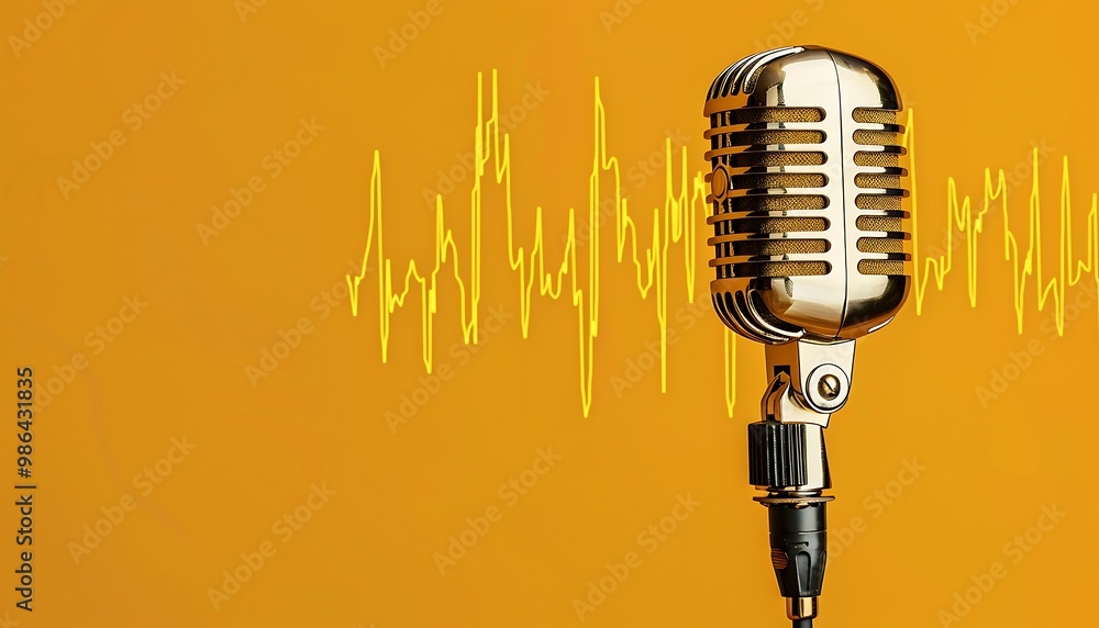 Fototapeta premium Retro microphone with sound wave on yellow background. Music concept.