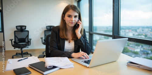 A confident businesswoman is discussing a new strategy over the phone in a bright and productive office. 