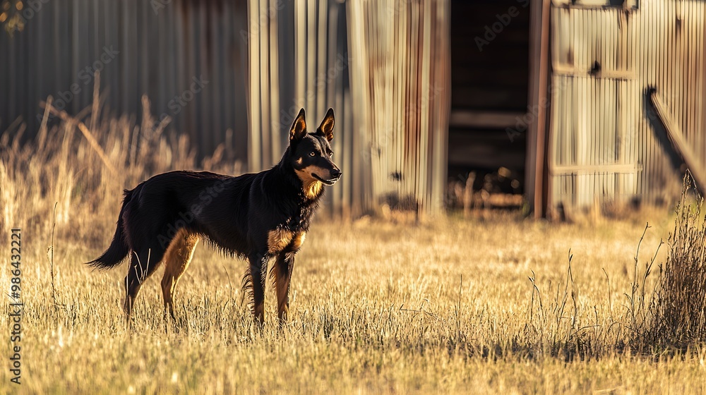 A focused working Kelpie standing alert on a farm, with a rustic barn in the background A focused working Kelpie standing alert on a farm, with a rustic barn in the background