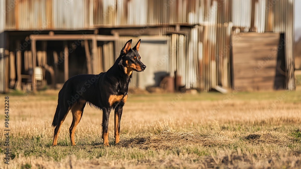 A focused working Kelpie standing alert on a farm, with a rustic barn in the background A focused working Kelpie standing alert on a farm, with a rustic barn in the background