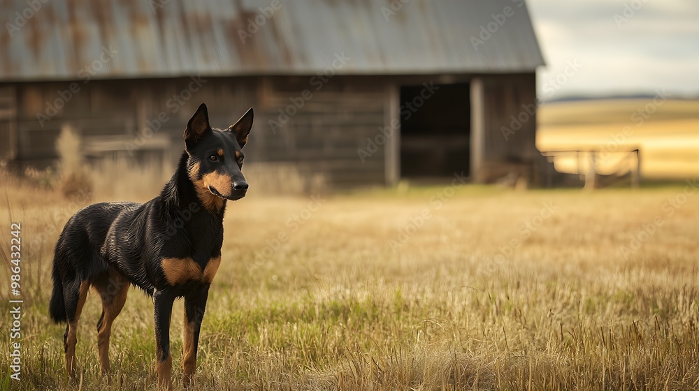 A focused working Kelpie standing alert on a farm, with a rustic barn in the background A focused working Kelpie standing alert on a farm, with a rustic barn in the background