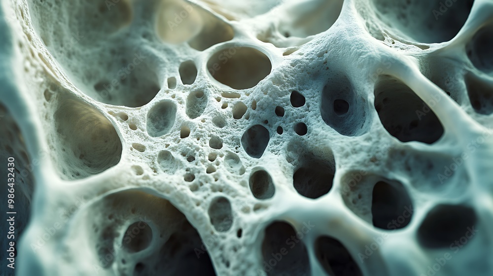 A close-up of a porous, white, organic structure with a textured surface and a series of irregular holes and cavities. A close-up of a porous, white, organic structure with a textured surface and a series of irregular holes and cavities.