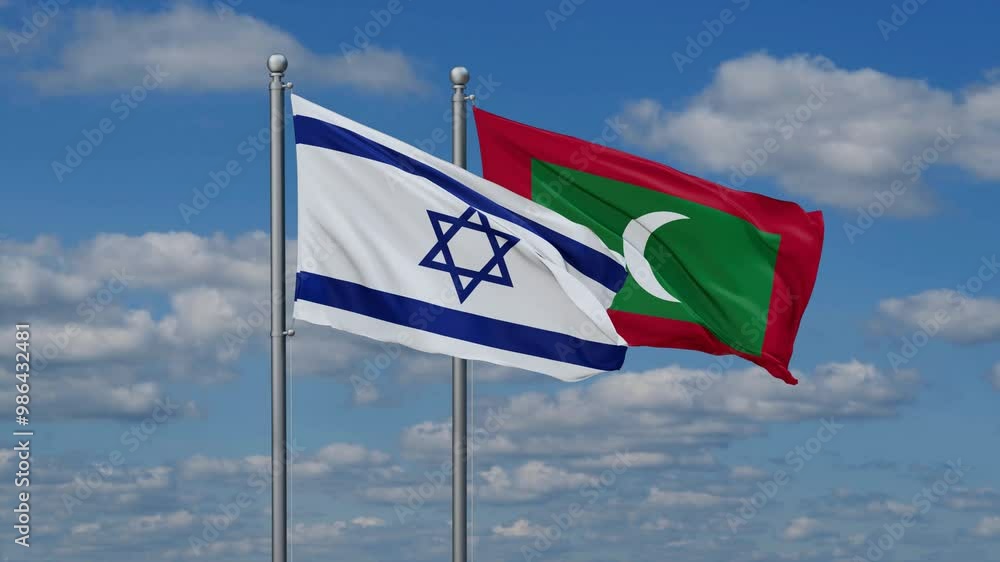 Maldives and Israel flags flying together, video concept of the relationship, two country relations concept Maldives and Israel flags flying together, video concept of the relationship, two country relations concept