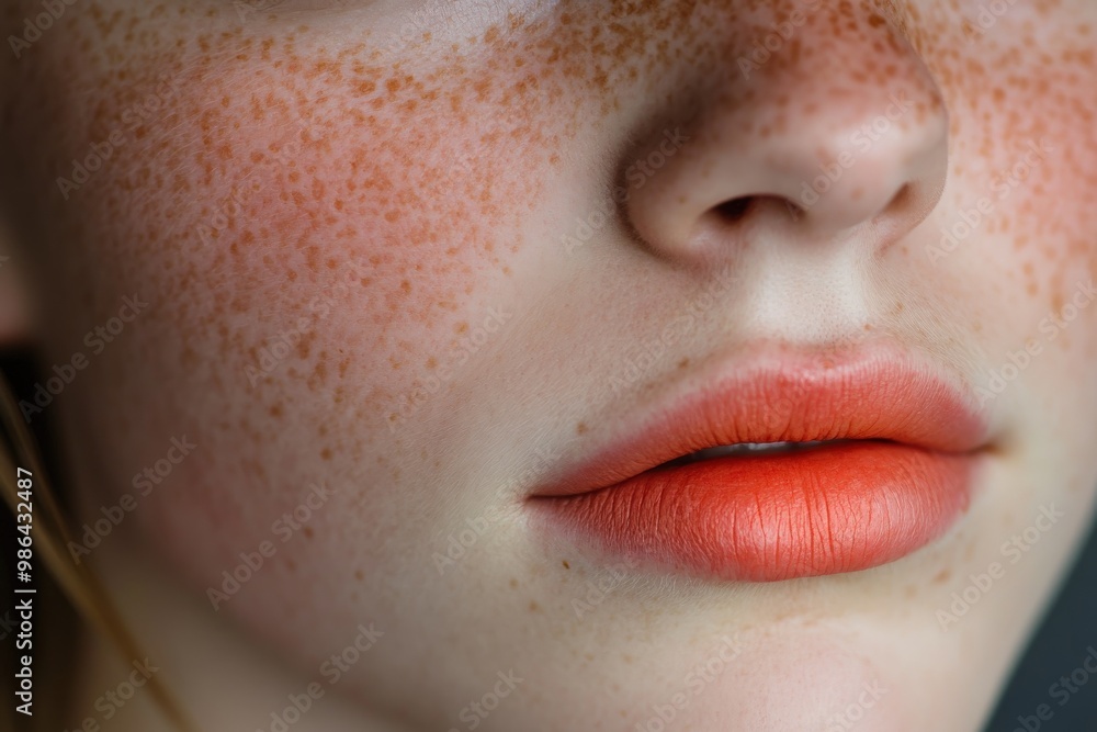 Fototapeta premium A woman with red hair and freckles has a bright red lip, generative ai image