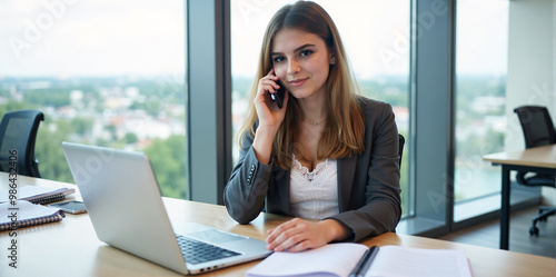 A confident businesswoman is discussing a new strategy over the phone in a bright and productive office. 