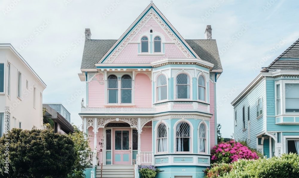 Pink and blue Victorian house with white trim.