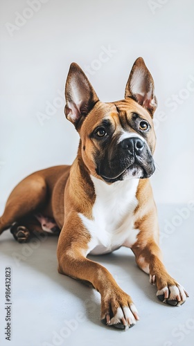 A Beabull dog lying comfortably on a light solid color surface, with its ears perked up, inviting interaction