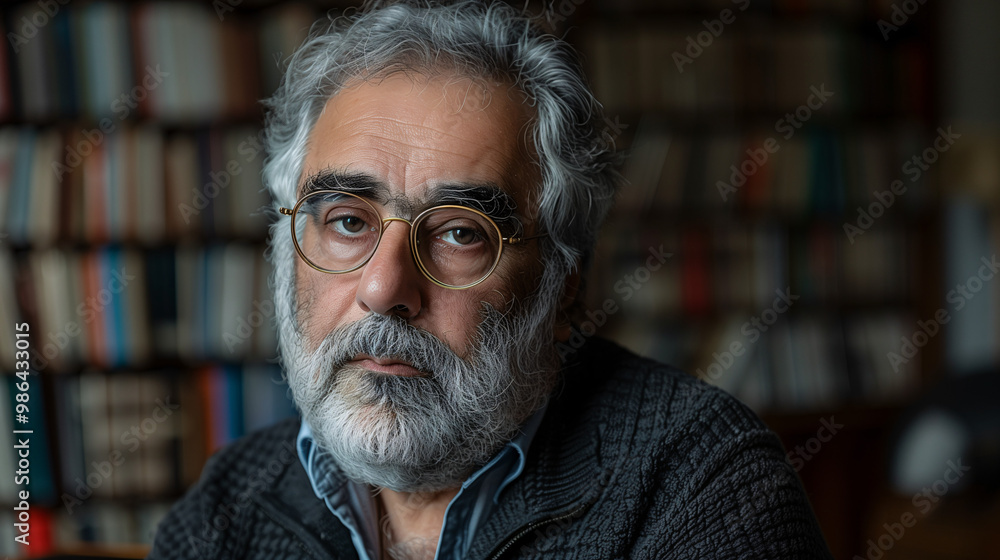Smiling senior writer with glasses in cozy library Smiling senior writer with glasses in cozy library