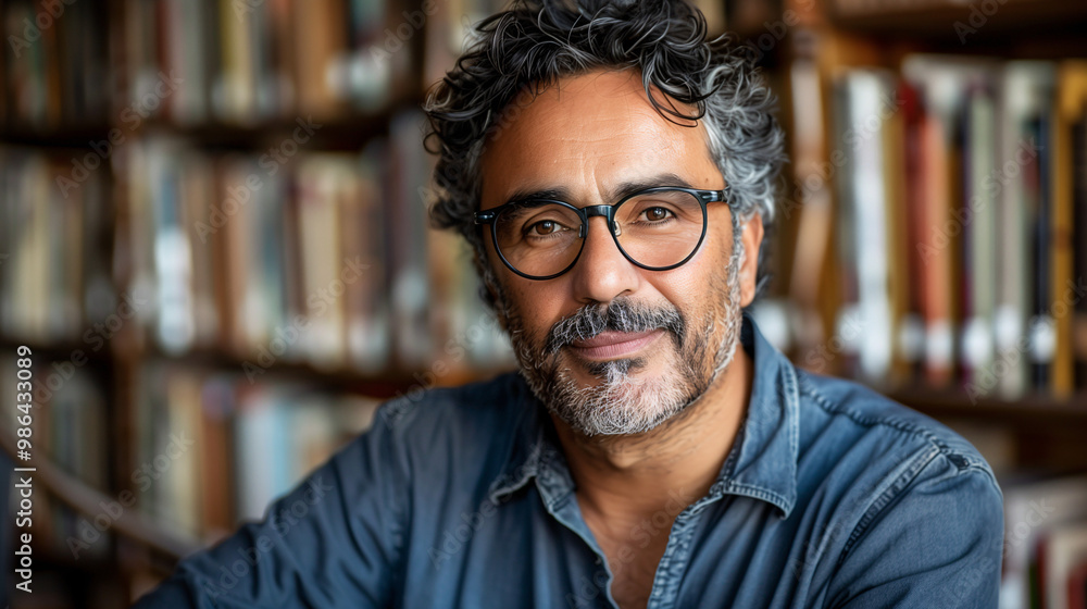 Smiling senior writer with glasses in cozy library Smiling senior writer with glasses in cozy library