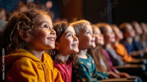 side view of a joyful children audience enjoying a kids concert with happy, smiling faces, capturing the excitement and fun of a performance, perfect for entertainment and young audience interactions