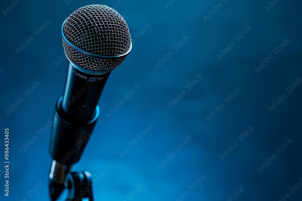 Professional condenser microphone on a blue background with copy space for text. Professional condenser microphone on a blue background with copy space for text.