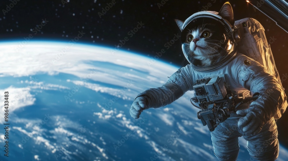 A cat suited up as an astronaut floats gracefully in space, gazing at Earth. The scene captures the whimsy of a cosmic adventure, blending imagination and exploration A cat suited up as an astronaut floats gracefully in space, gazing at Earth. The scene captures the whimsy of a cosmic adventure, blending imagination and exploration