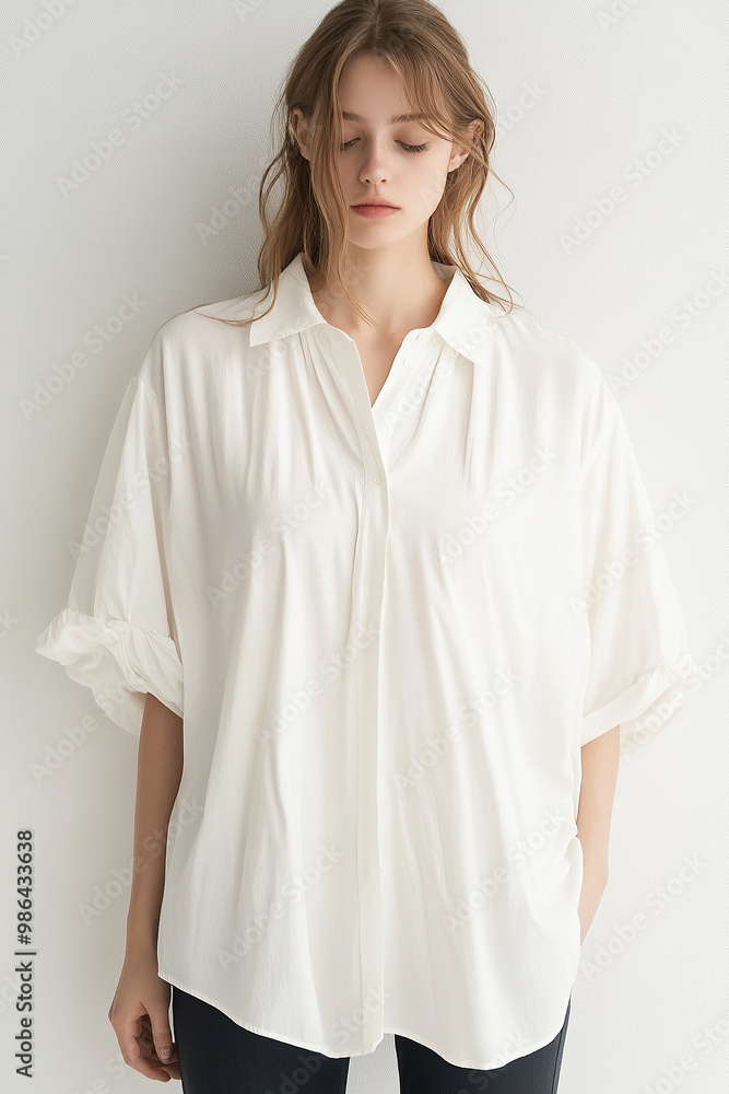 Simple white cotton blouse, front view, crisp details, minimalist fashion, soft studio lighting, neutral background Simple white cotton blouse, front view, crisp details, minimalist fashion, soft studio lighting, neutral background
