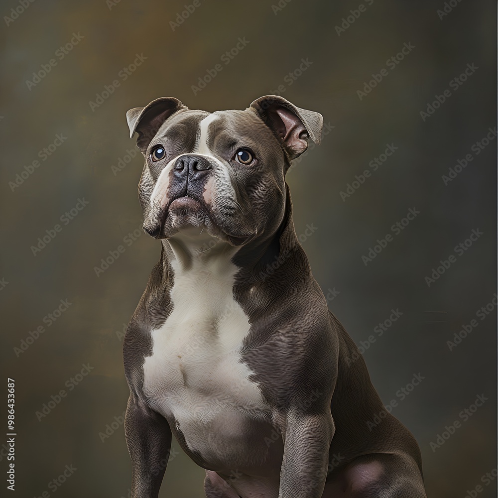 A Bullmation dog sitting proudly, with a glossy coat and an alert expression, perfectly framed on a A Bullmation dog sitting proudly, with a glossy coat and an alert expression, perfectly framed on a
