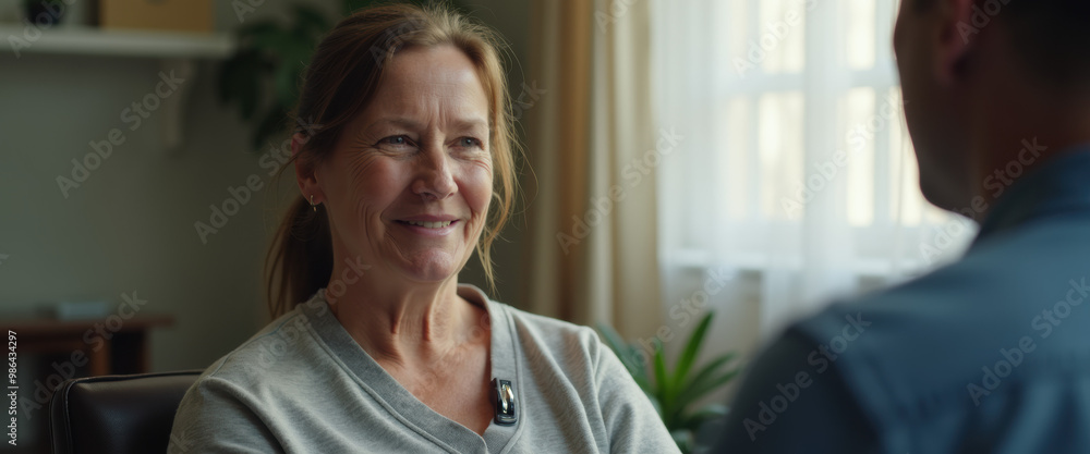 Hopeful Senior Patient Talking to a Healthcare Professional, Smiling, Cell Therapy, Biotech, Medical Research, Future Medicine, Age-related Improvement, Healthcare Progress, Health Technology Hopeful Senior Patient Talking to a Healthcare Professional, Smiling, Cell Therapy, Biotech, Medical Research, Future Medicine, Age-related Improvement, Healthcare Progress, Health Technology