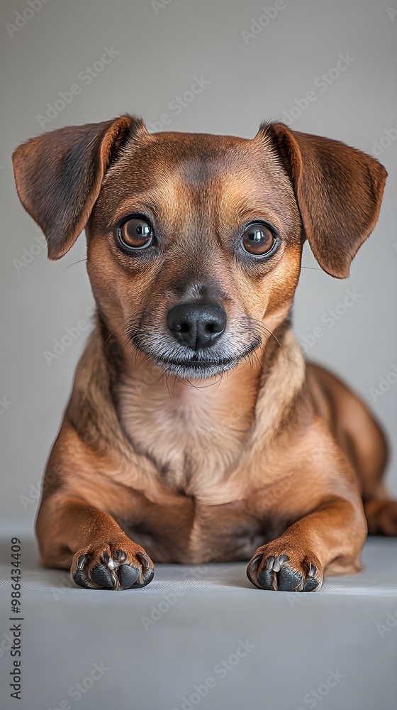 A Chiweenie dog with a curious expression, lying down on a smooth light solid color surface, perfect for highlighting its adorable features A Chiweenie dog with a curious expression, lying down on a smooth light solid color surface, perfect for highlighting its adorable features